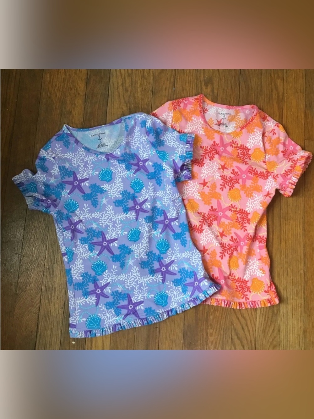 Lands End Bundle of 2 Short Sleeve Girls Rash guard Shirts Ocean Motif